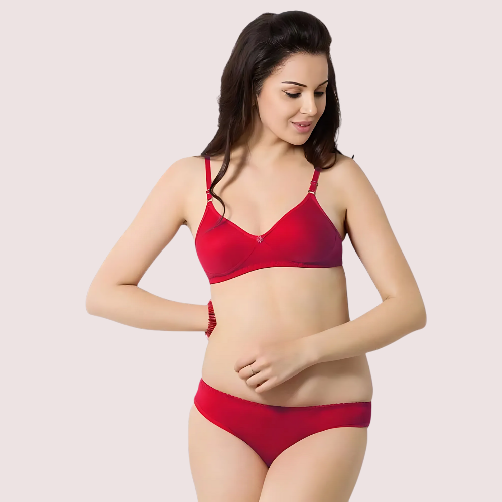 Cute Solid Red Pure Cotton Bra Panty Set