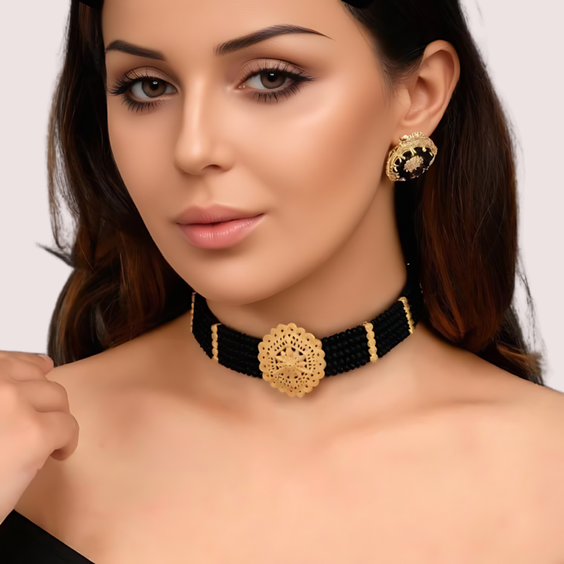 Majestic Noir Hexa Pendant Necklace with Black Crystal Beads