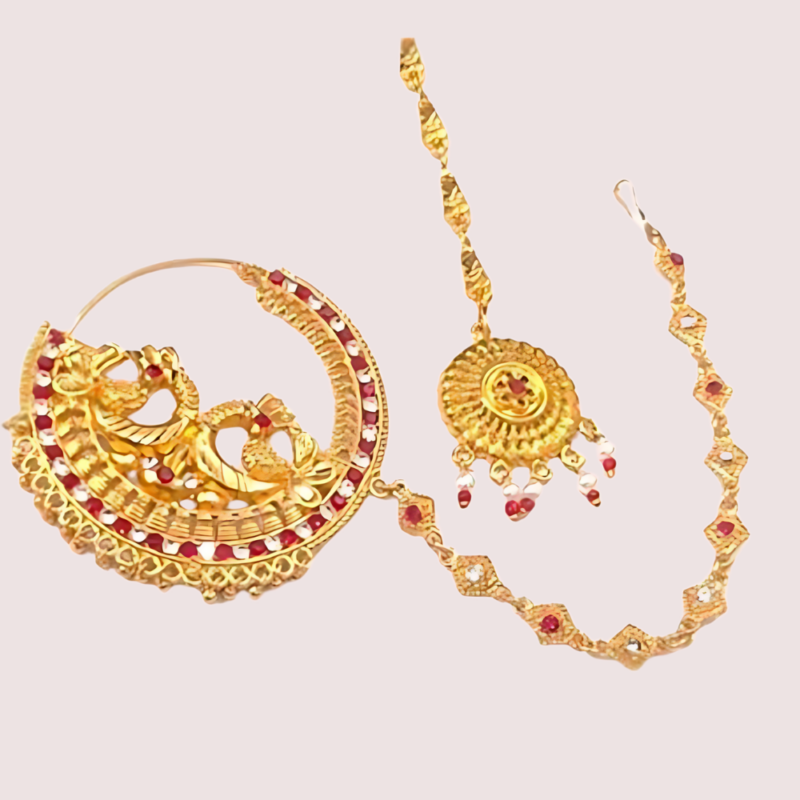 Garhwali Gold Plated Bridal Nose Ring with Chain
