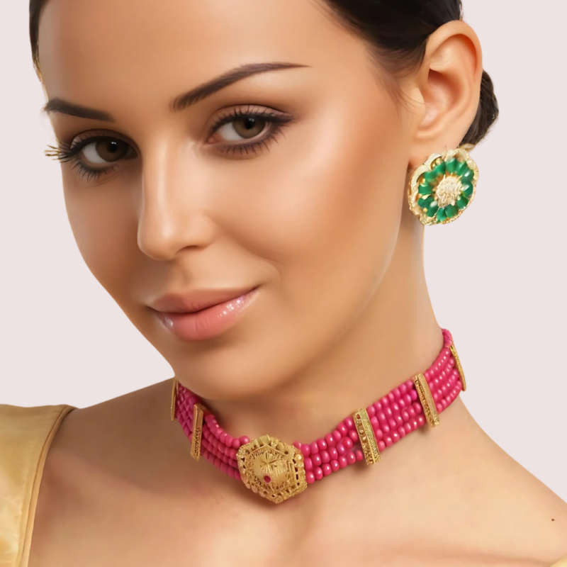 HexaCharm Red Beaded Necklace with Golden Hexagon Pendant