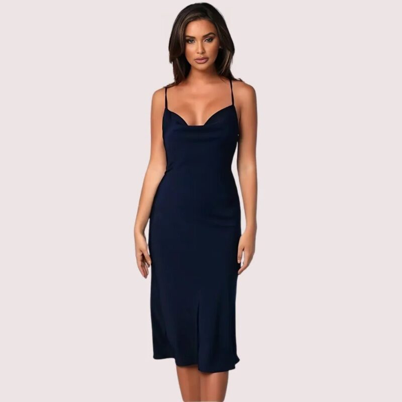 Navy Satin Cowl Neck Midi Dress